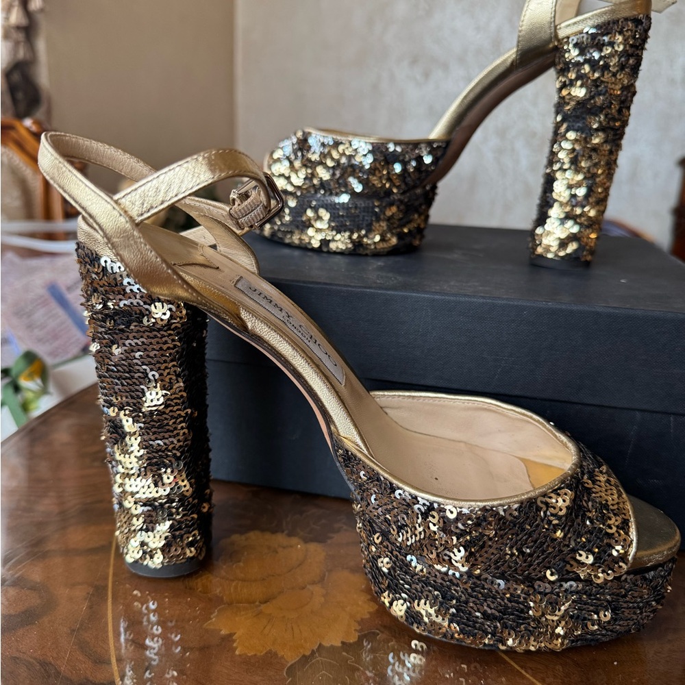 Jimmy Choo Gold Glitter sequin Heels 
Platform Pumps Sz 39.5 - Picture 10 of 16